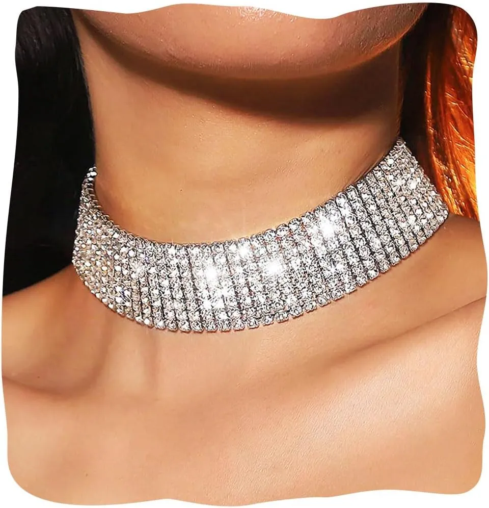 JONKY Rhinestone Choker Necklace Silver Crystal Necklaces 8 Row Chokers Sparkly Neck Chain Collar Prom Jewelry for Women