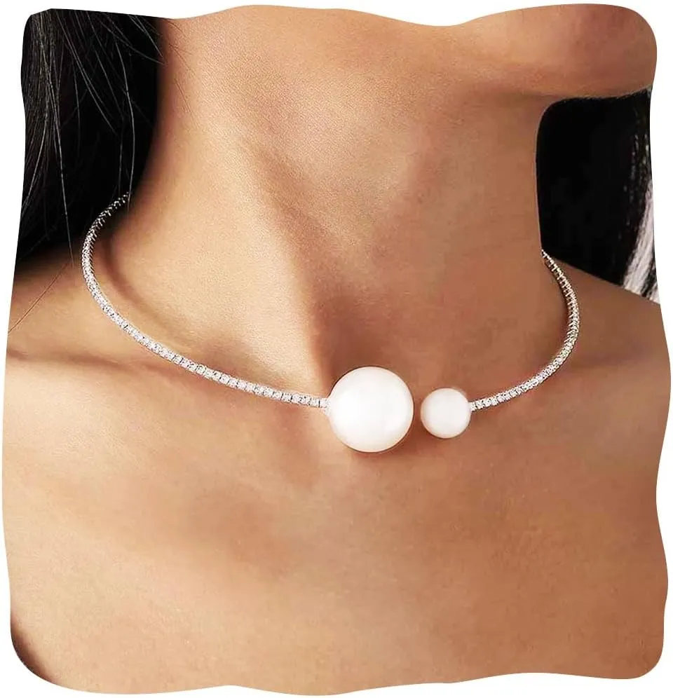 JONKY Rhinestone Choker Necklaces Pearl Chokers Silver Necklace Crystal Neck Jewelry Sparkly Prom Accessories for Women