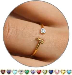 JSJOY Birthstone Rings for Women 26 A-Z Initial Ring Adjustable 14k Gold Ring Birthday Gifts for Her Rings for Teen Sister Bridesmaid Gifts Dainty Letter Jewelry