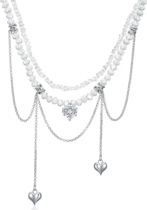 KURTCB Crystal Beaded Heart Necklace Y2k Layered Rhinestone Beads Fringe Collarbone Choker Necklace for Women (Style 1)