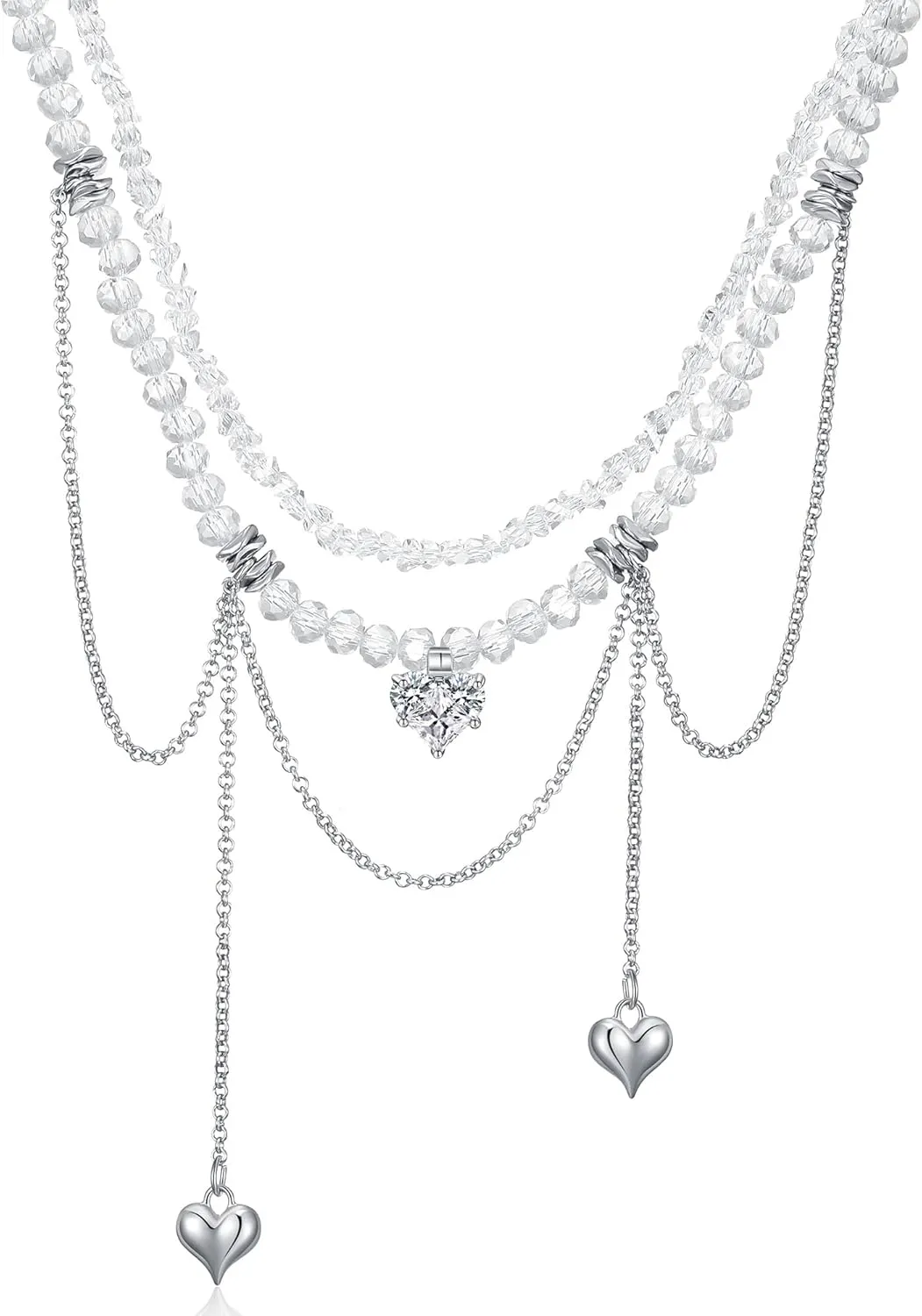 KURTCB Crystal Beaded Heart Necklace Y2k Layered Rhinestone Beads Fringe Collarbone Choker Necklace for Women (Style 1)