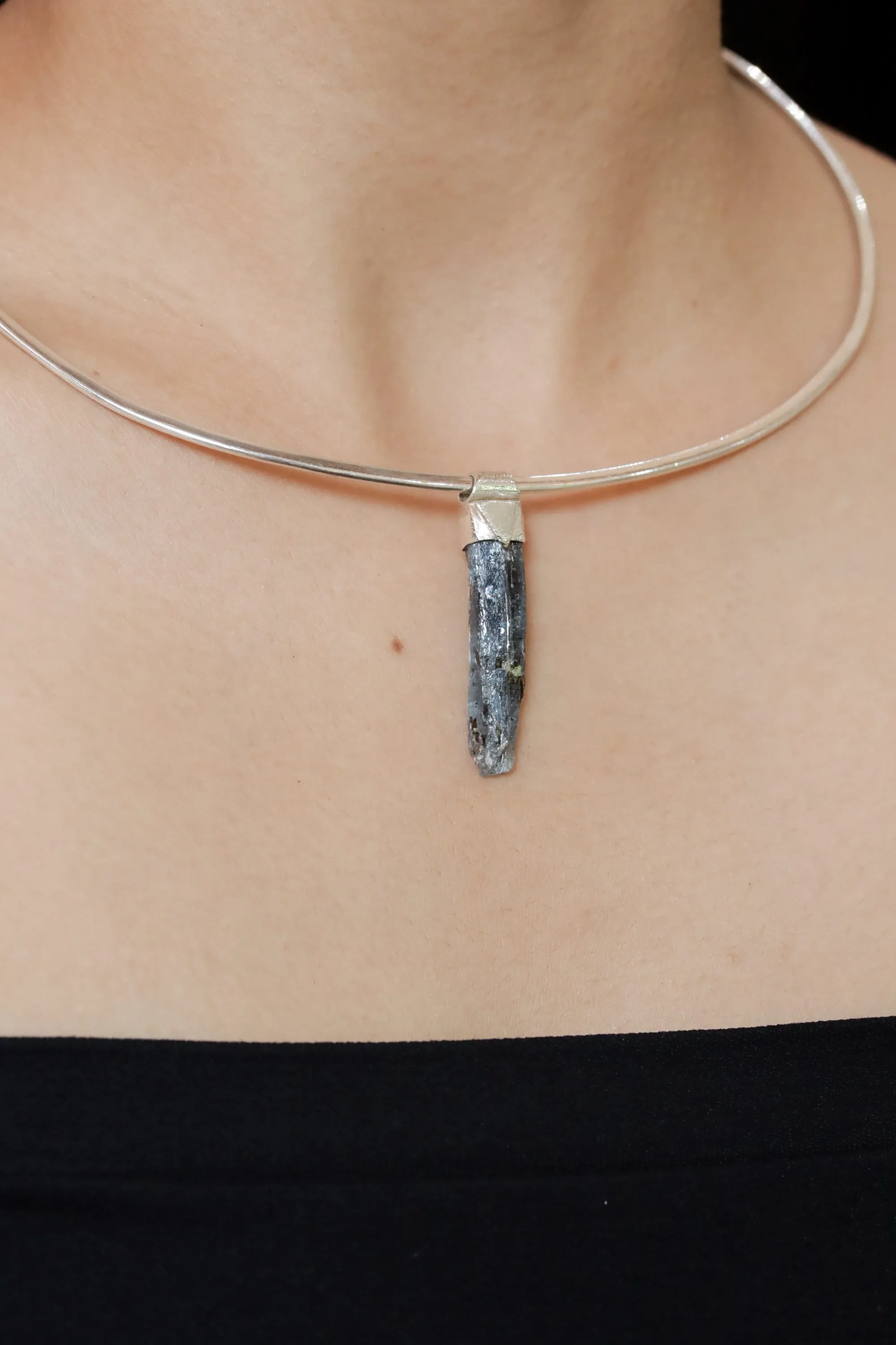 Kyanite Stack Pendant Necklace with Organic Textured 925 Sterling Silver, Crystal Accents, Libra Horoscope, Throat Chakra Jewelry