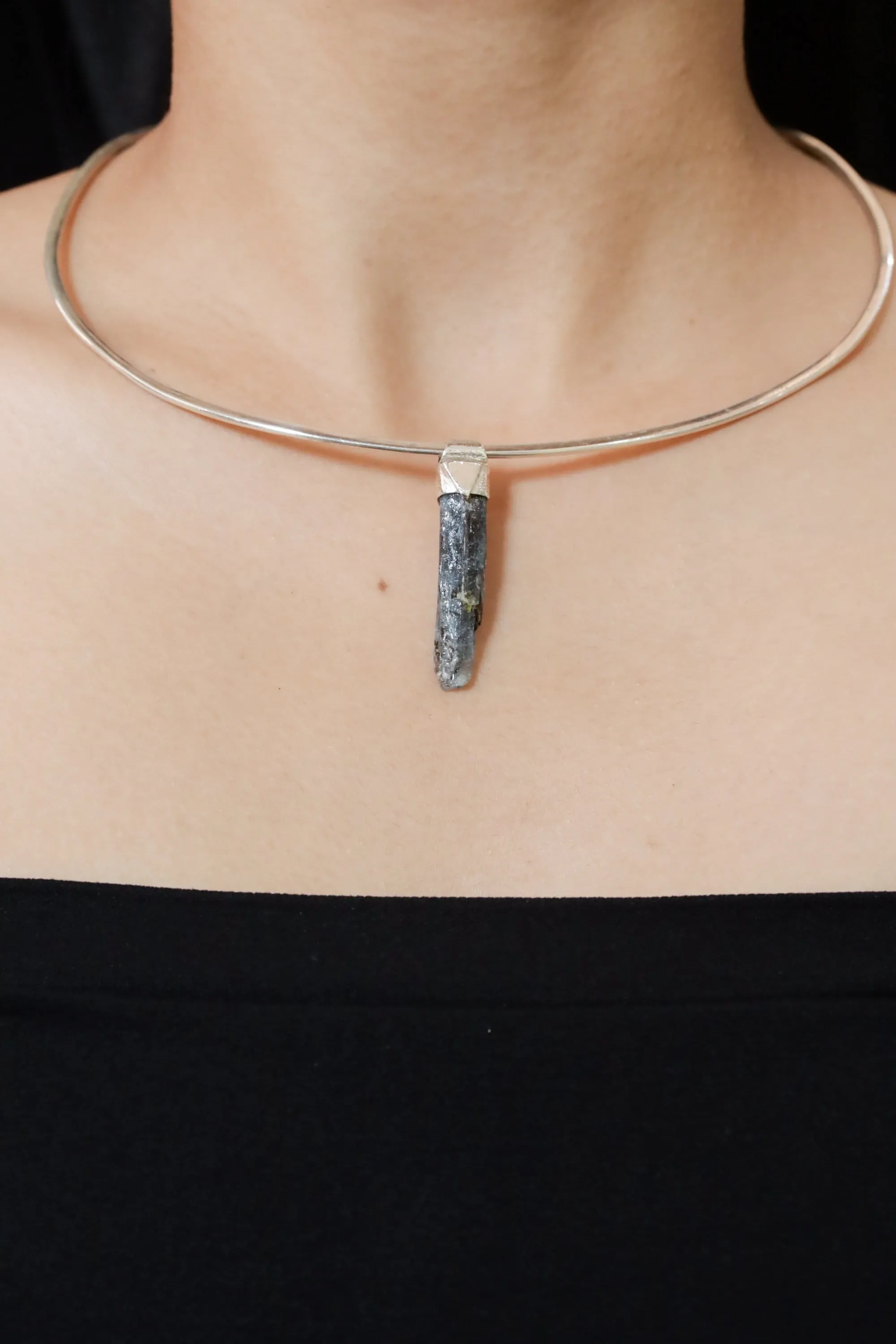 Kyanite Stack Pendant Necklace with Organic Textured 925 Sterling Silver, Crystal Accents, Libra Horoscope, Throat Chakra Jewelry