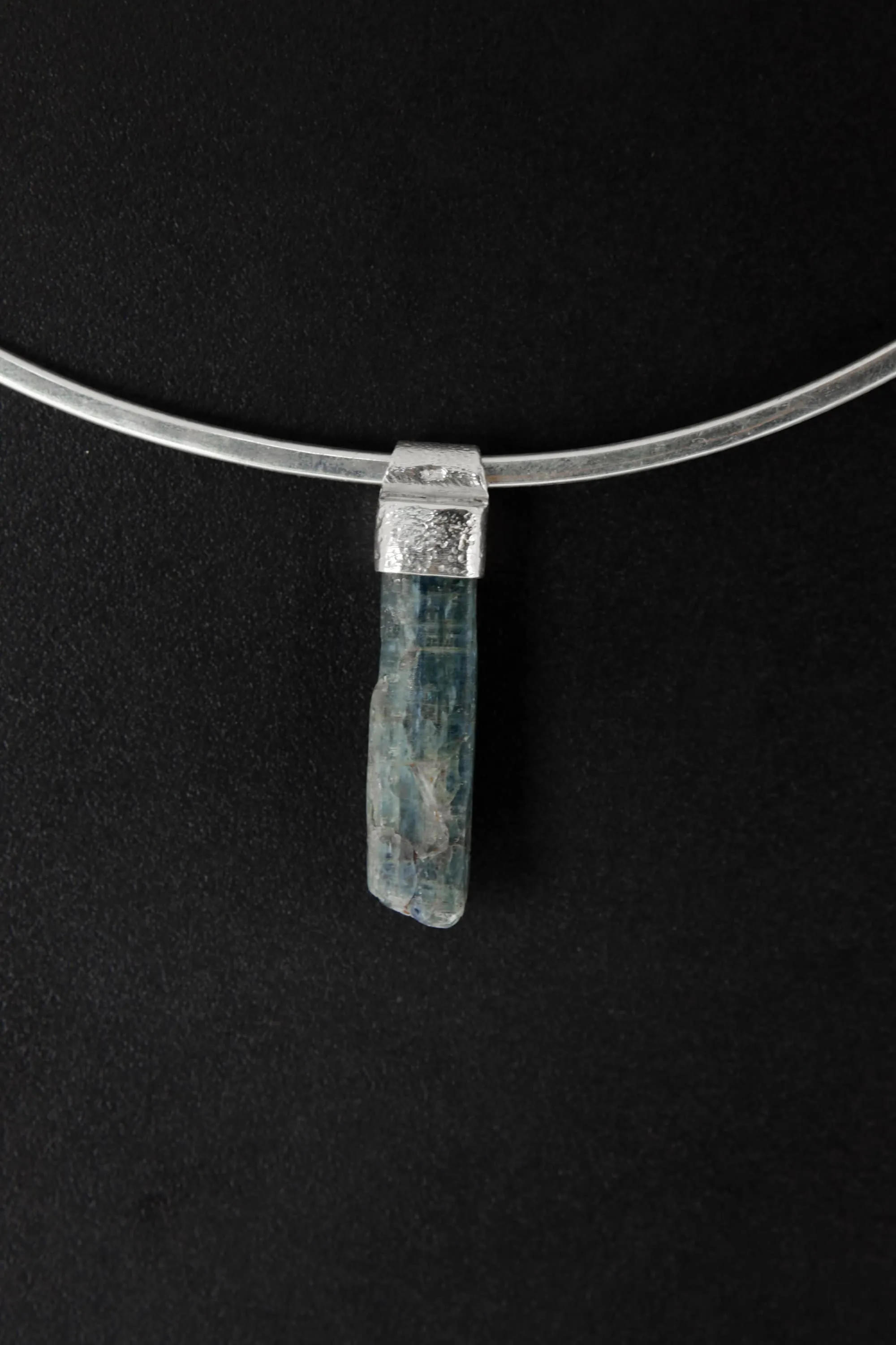 Kyanite Stack Pendant Necklace with Organic Textured 925 Sterling Silver, Crystal Accents, Libra Horoscope, Throat Chakra Jewelry