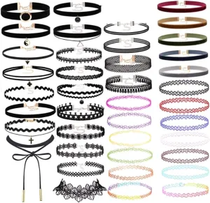 Lace Choker,Lace Choker Classic Colorful Gothic Collar Choker Necklace Set With Pendant 40Pcs