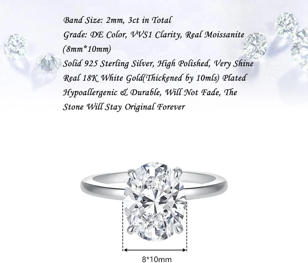 LANE WOODS Moissanite Simulated Diamond Engagement Rings 3 Carats Big Oval Cut Solitaire Wedding Bands for Women - 10mls REAL 18K White Gold Plated 925 Sterling Silver Promise Rings for Her Size 5-10