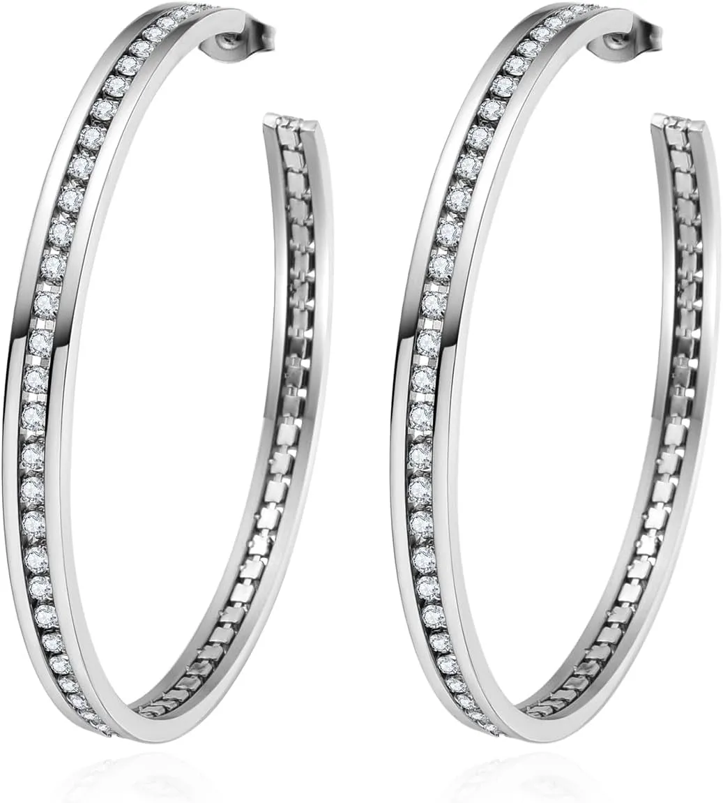 Large Stainless Steel Hoop Earrings for Women,Big Lightweight Cubic Zirconia Hoops Earring Huge CZ Cuff Earrings Size:30/40/60/80mm