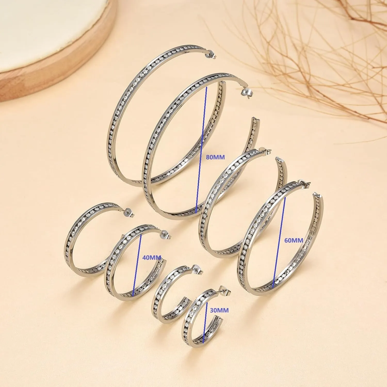 Large Stainless Steel Hoop Earrings for Women,Big Lightweight Cubic Zirconia Hoops Earring Huge CZ Cuff Earrings Size:30/40/60/80mm