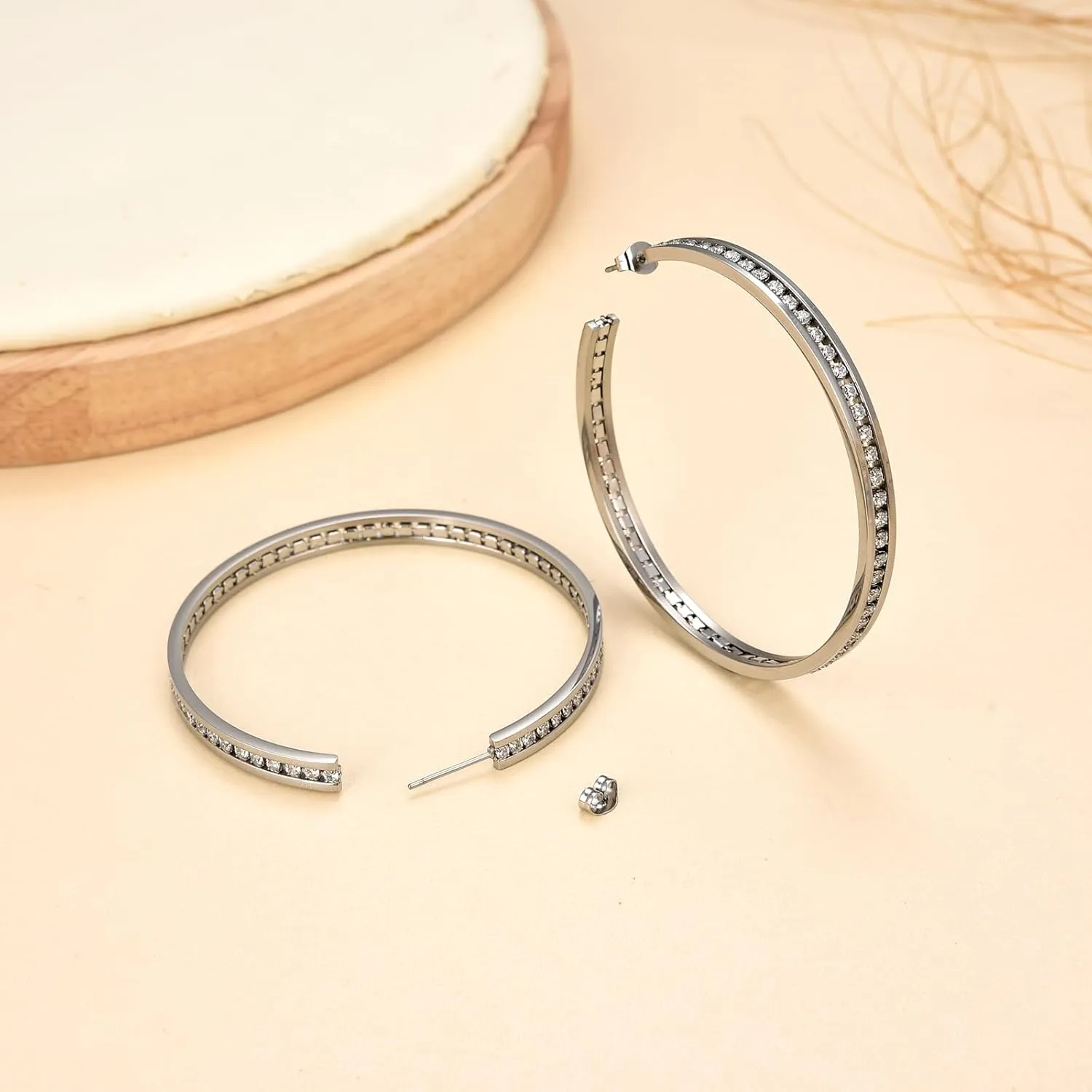 Large Stainless Steel Hoop Earrings for Women,Big Lightweight Cubic Zirconia Hoops Earring Huge CZ Cuff Earrings Size:30/40/60/80mm