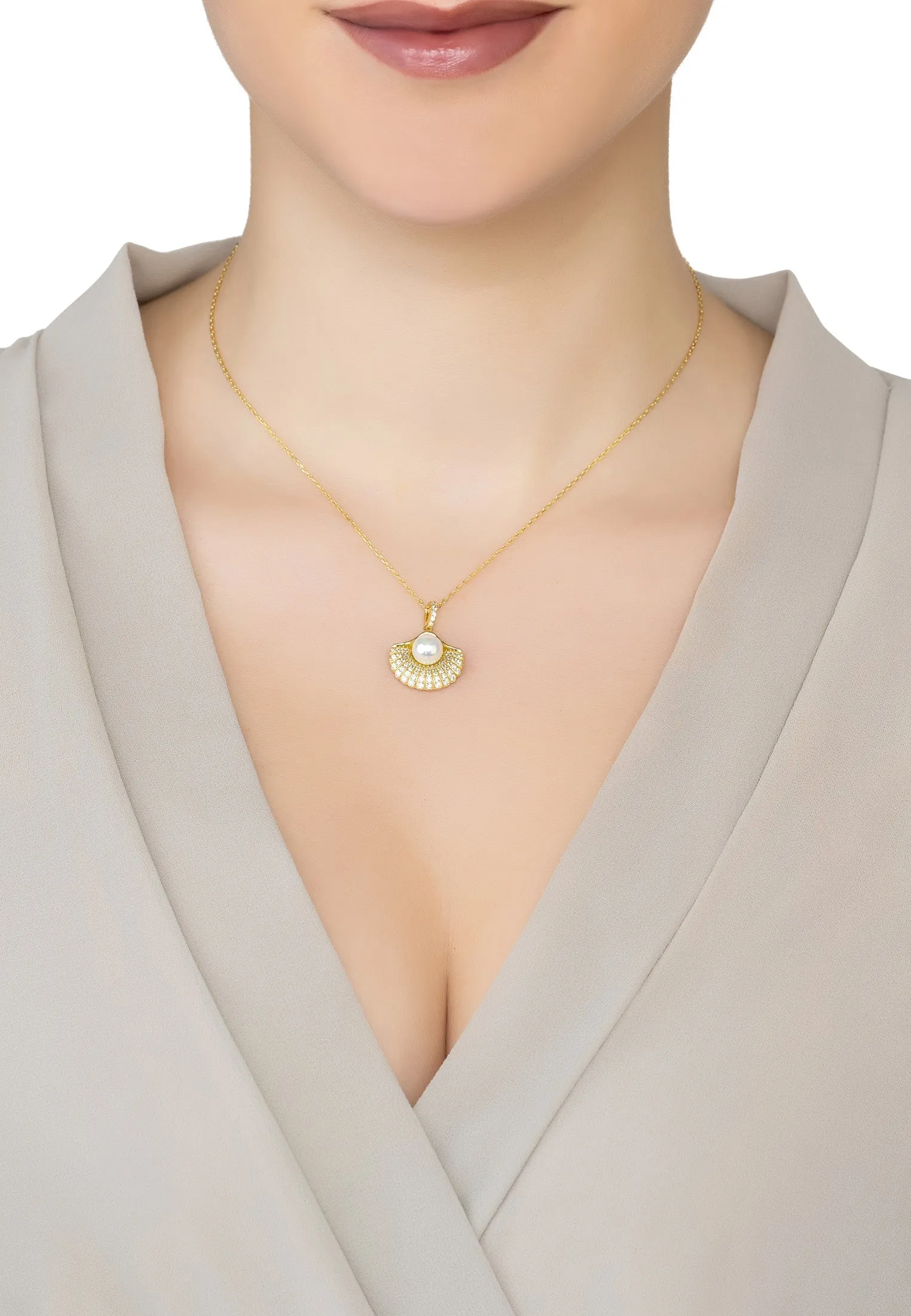 Latelita London Deco Fan and Pearl Pendant Necklace Gold