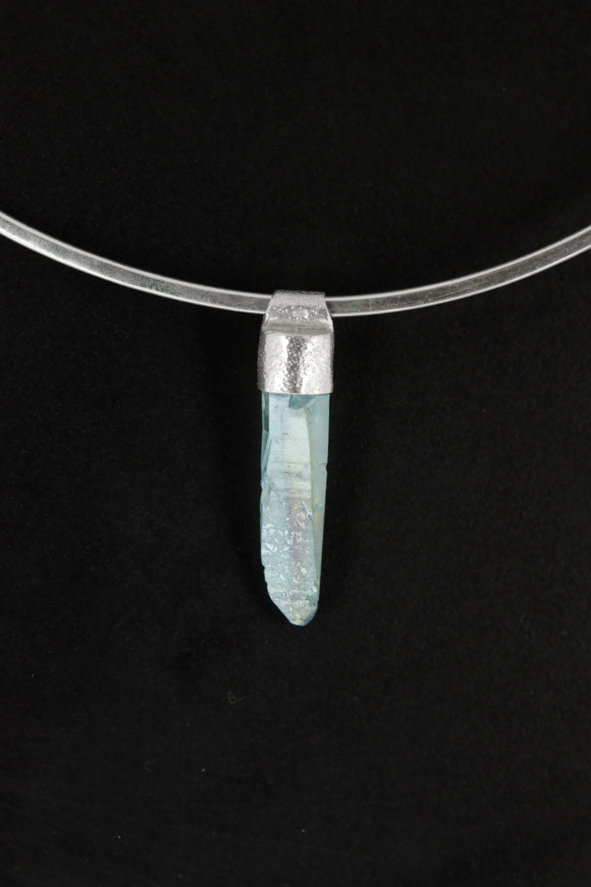 Lemurian Laser Aqua Aura Quartz Point Stack Pendant, Organic Textured 925 Sterling Silver, Throat Chakra,Aquarius Zodiac,Unique Gift - No/02