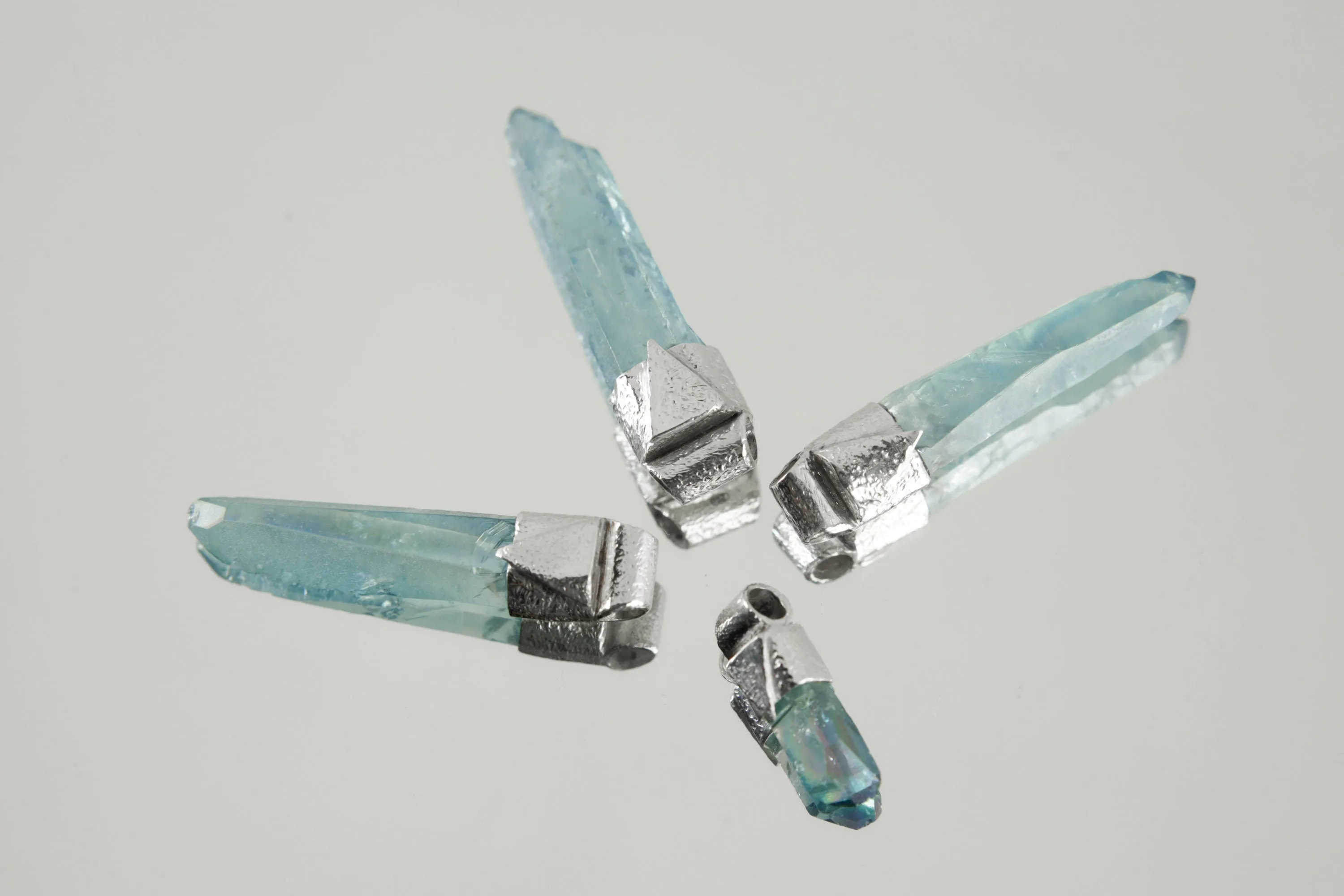Lemurian Laser Aqua Aura Quartz Point Stack Pendant, Organic Textured 925 Sterling Silver, Throat Chakra,Aquarius Zodiac,Unique Gift - No/02