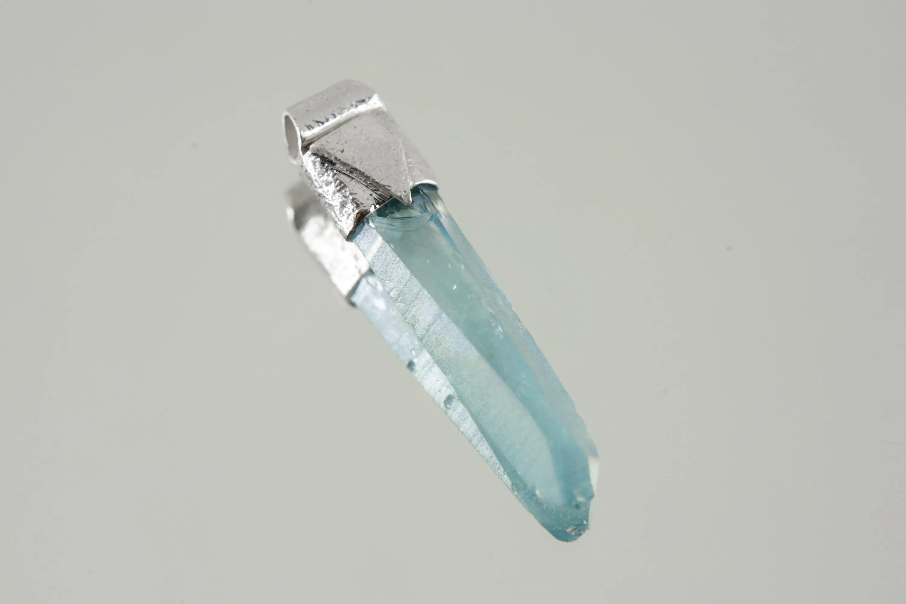 Lemurian Laser Aqua Aura Quartz Point Stack Pendant, Organic Textured 925 Sterling Silver, Throat Chakra,Aquarius Zodiac,Unique Gift - No/02
