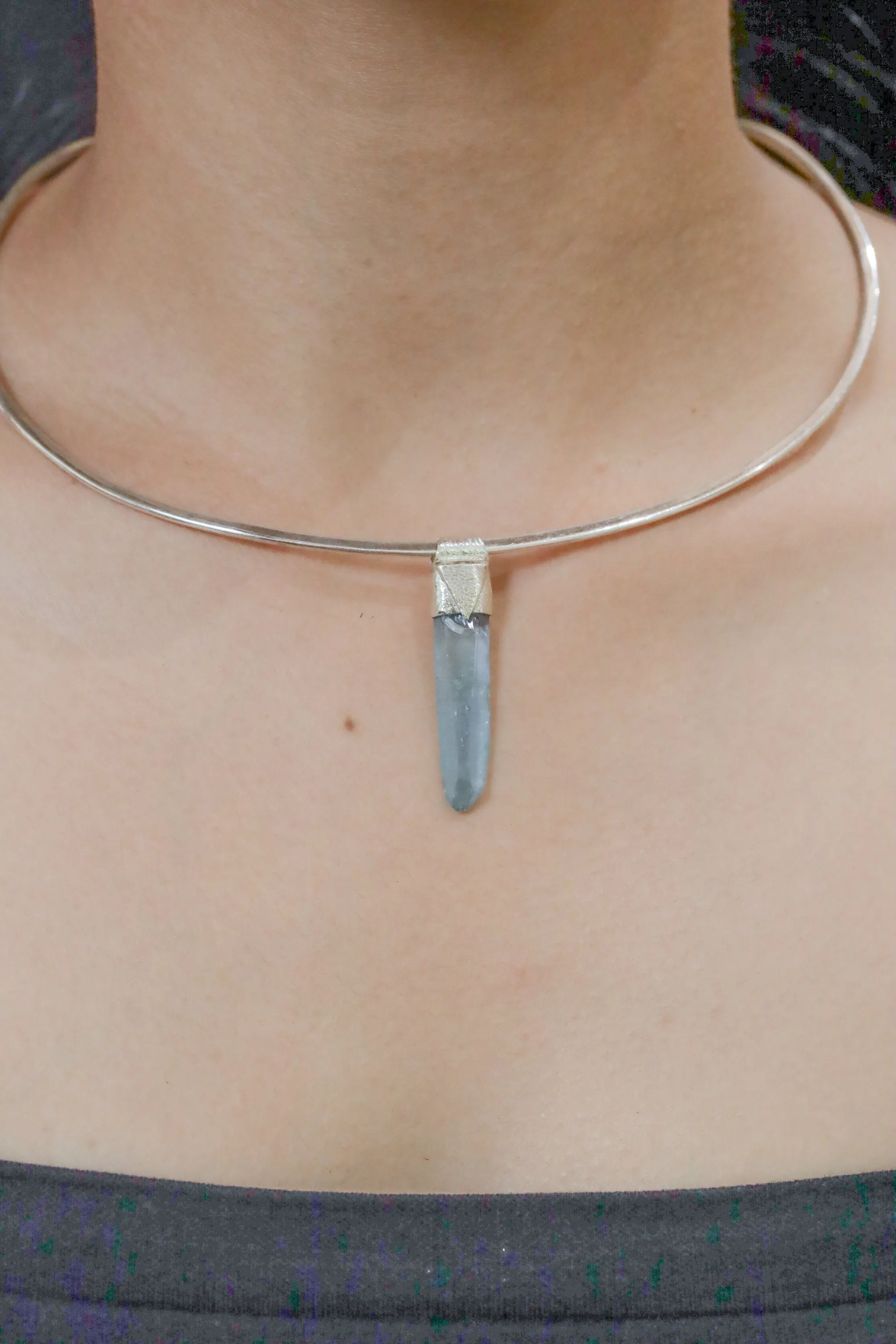 Lemurian Laser Aqua Aura Quartz Point Stack Pendant, Organic Textured 925 Sterling Silver, Throat Chakra,Aquarius Zodiac,Unique Gift - No/02