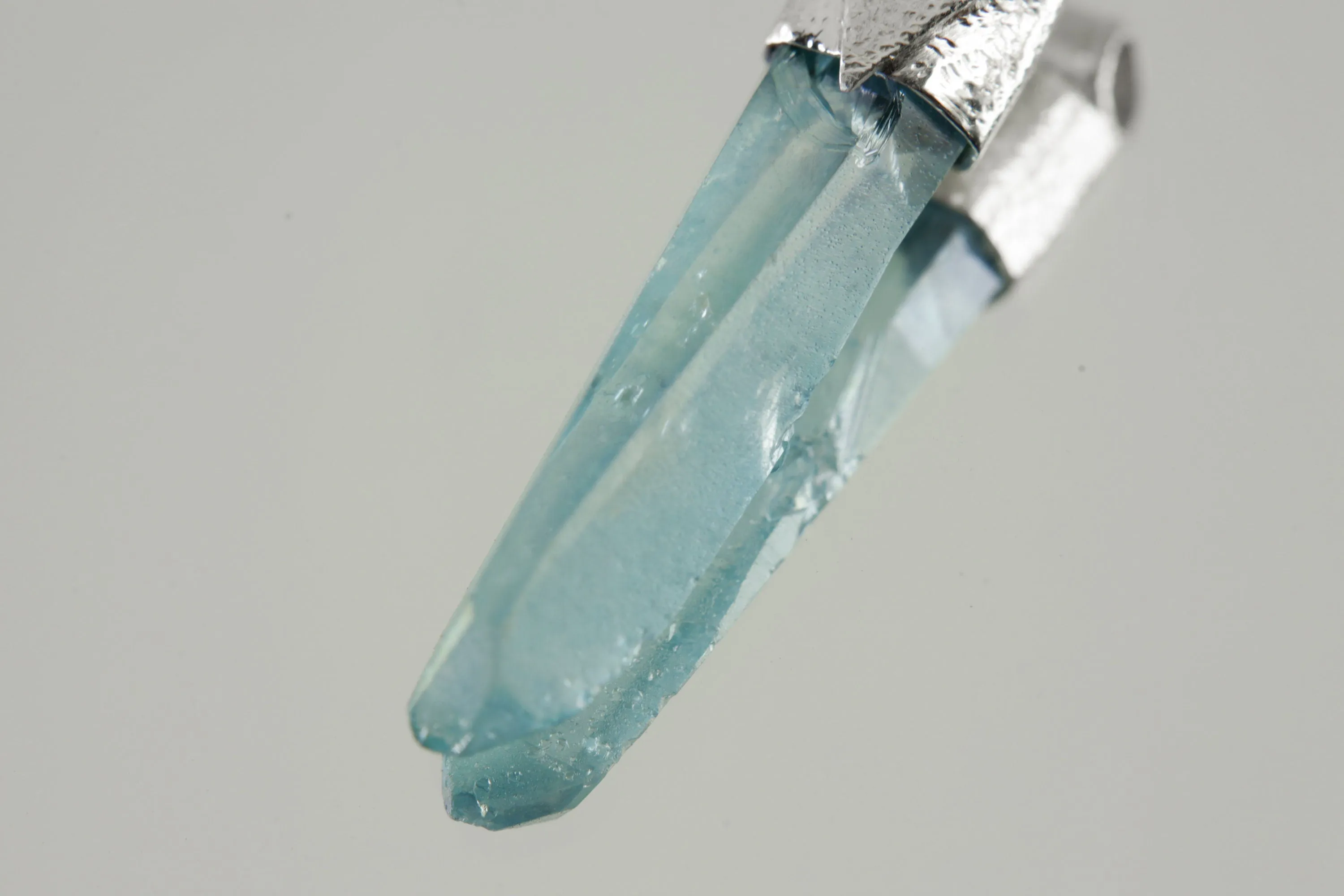 Lemurian Laser Aqua Aura Quartz Point Stack Pendant, Organic Textured 925 Sterling Silver, Throat Chakra,Aquarius Zodiac,Unique Gift - No/02