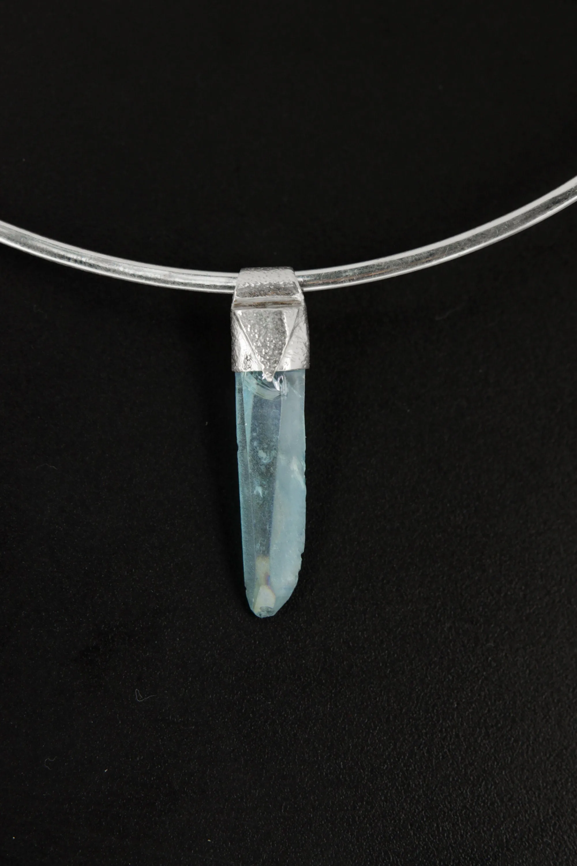 Lemurian Laser Aqua Aura Quartz Point Stack Pendant, Organic Textured 925 Sterling Silver, Throat Chakra,Aquarius Zodiac,Unique Gift - No/02