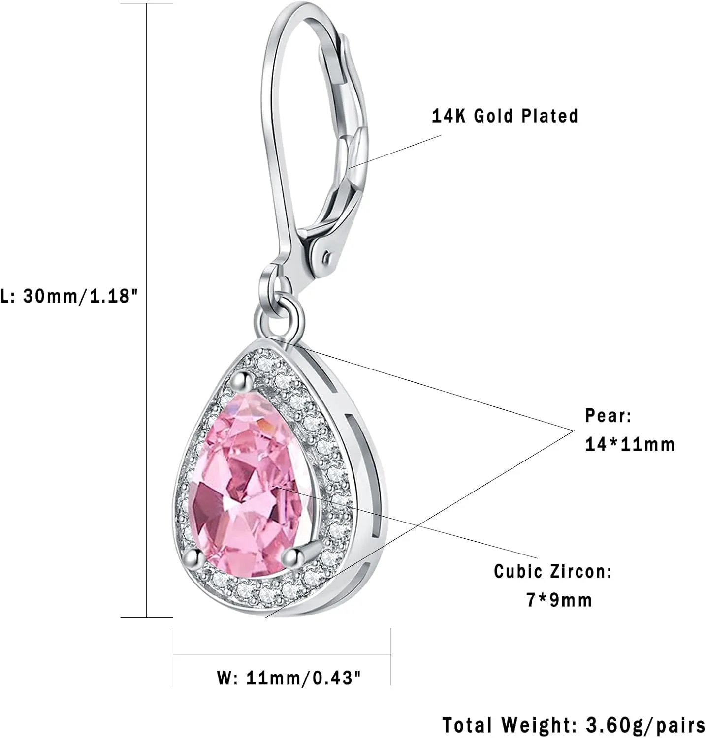 Leverback Dangle Earrings for Women Trendy Multicolor Pear Cubic Zircon Earrings Birthstone Teardrop Drop Earrings Jewelry Gifts for Everyday Party Wedding 14K White Gold | 24K Gold Plated