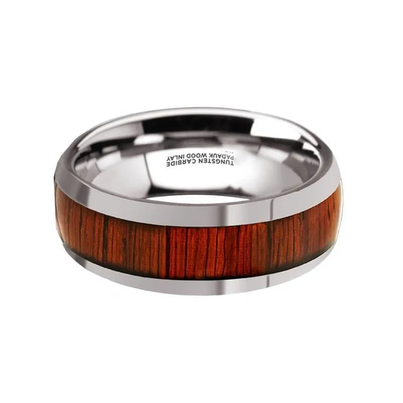 Levi Men's Round Tungsten Carbide Wedding Band With Padauk Wood Inlay - 8 mm