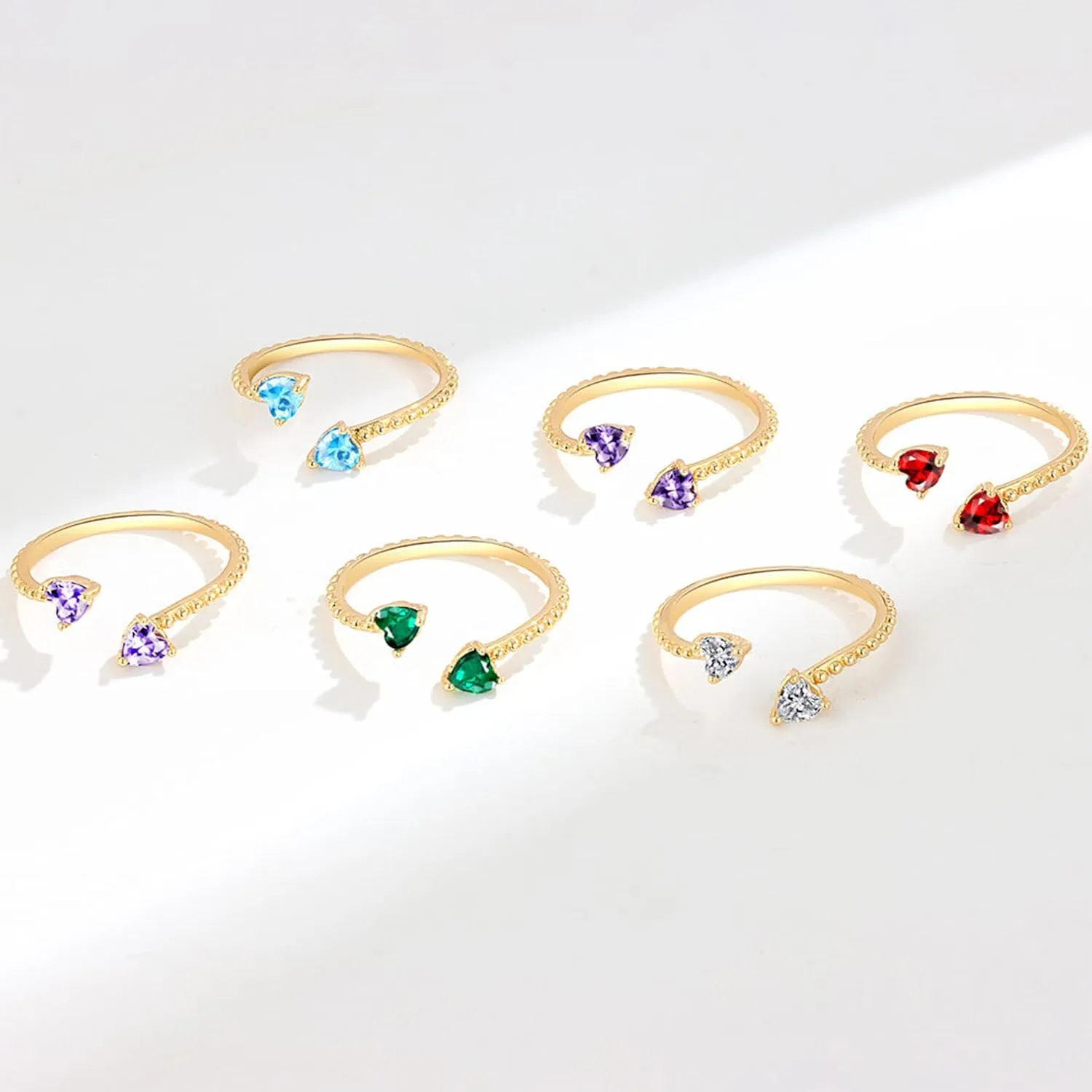 Long tiantian Gold Birthstone Rings for Women Non Tarnish Gold Stackable Birthstone Rings CZ Ruby Emerald Double Heart 2 Birthstone Rings Personalized Jewelry Gifts for Birthday