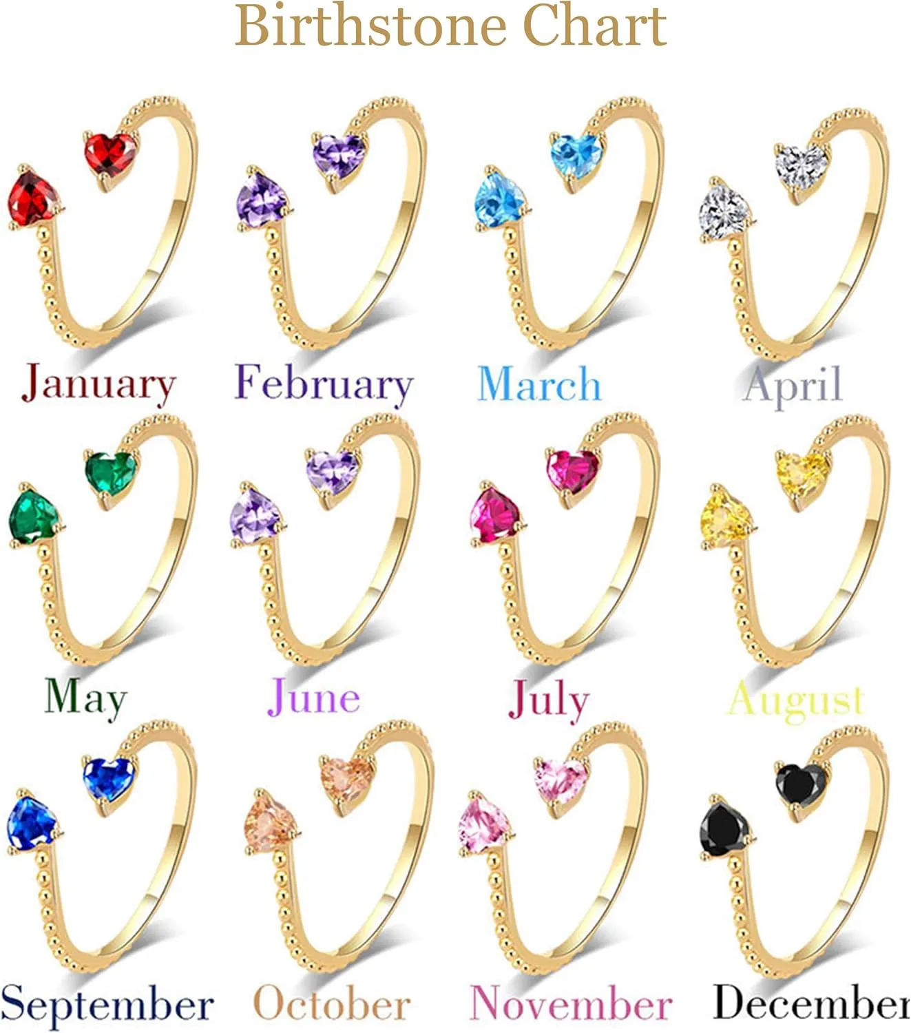 Long tiantian Gold Birthstone Rings for Women Non Tarnish Gold Stackable Birthstone Rings CZ Ruby Emerald Double Heart 2 Birthstone Rings Personalized Jewelry Gifts for Birthday