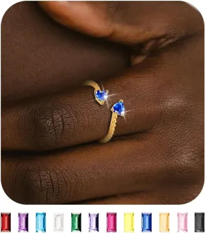 Long tiantian Gold Birthstone Rings for Women Non Tarnish Gold Stackable Birthstone Rings CZ Ruby Emerald Double Heart 2 Birthstone Rings Personalized Jewelry Gifts for Birthday