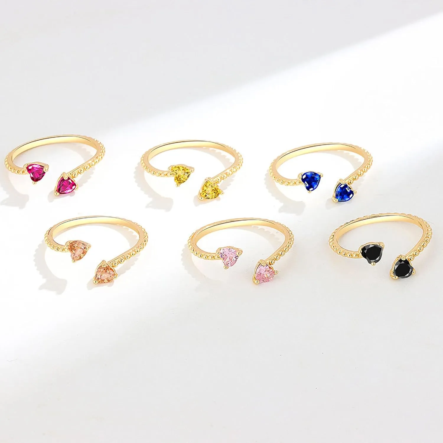 Long tiantian Gold Birthstone Rings for Women Non Tarnish Gold Stackable Birthstone Rings CZ Ruby Emerald Double Heart 2 Birthstone Rings Personalized Jewelry Gifts for Birthday