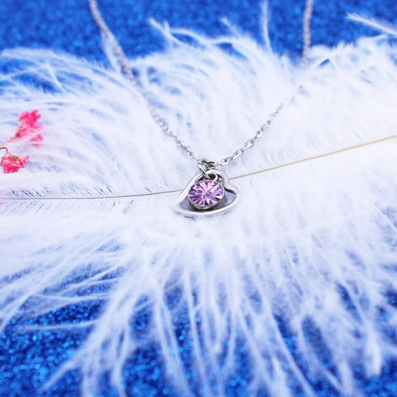 Lovely Birthday Gift-Tiny Heart Circle and Birthstone Necklace Stainless Steel Heart and Crystal Pendants Necklace for Her