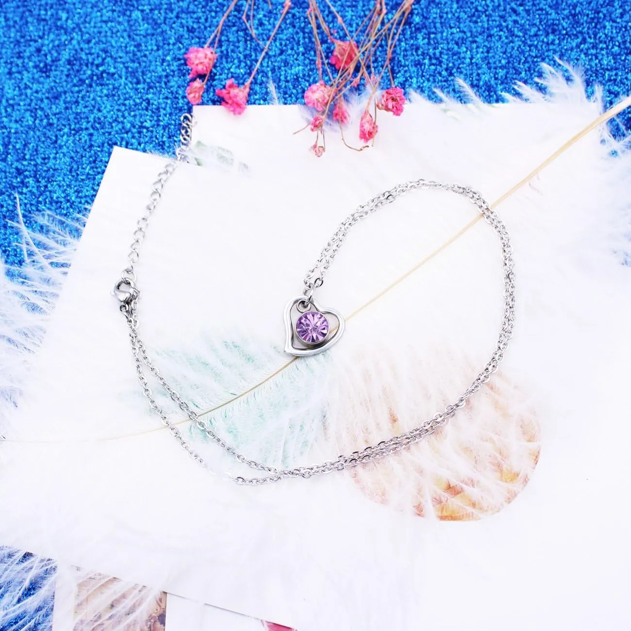 Lovely Birthday Gift-Tiny Heart Circle and Birthstone Necklace Stainless Steel Heart and Crystal Pendants Necklace for Her