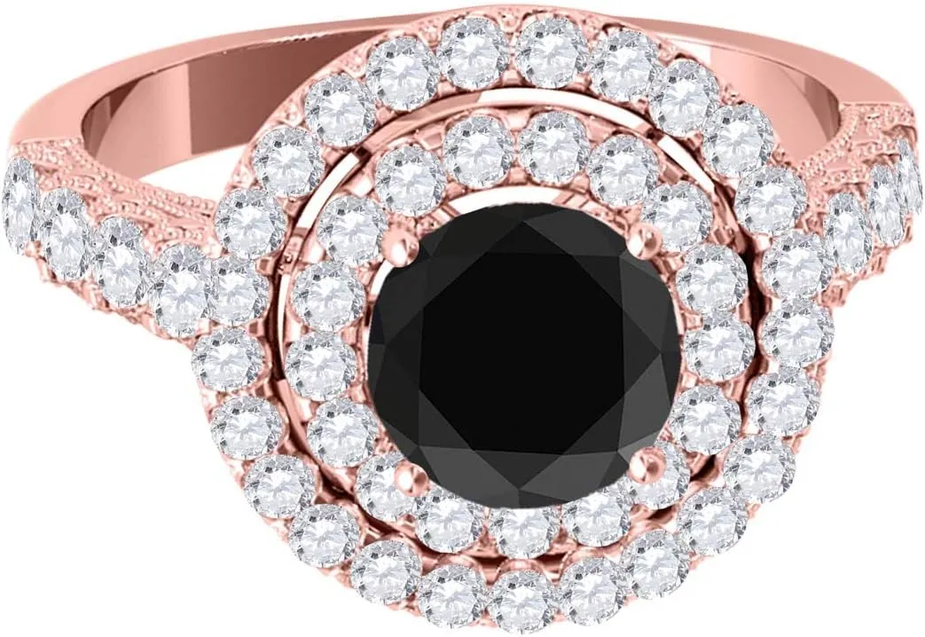 Mauli Jewels 2.03 Carat Halo Black Diamond Engagement Wedding Ring 4-prong 14k Solid Rose Gold