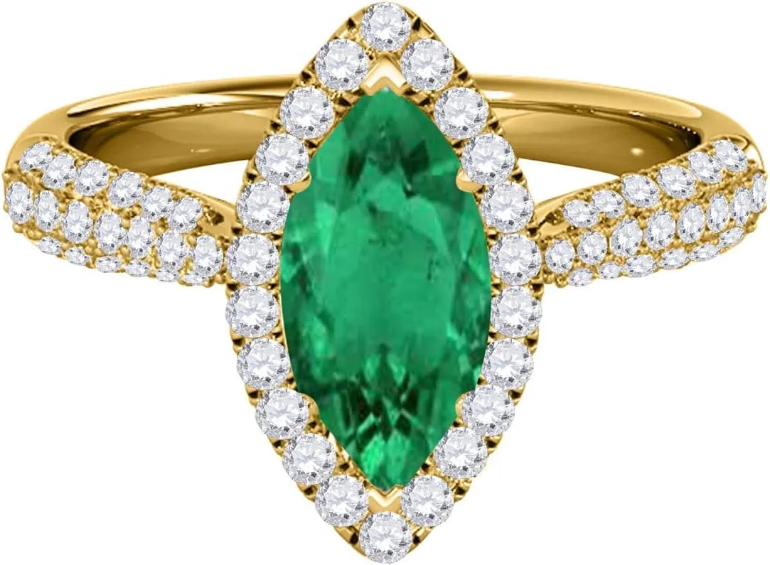 MauliJewels Rings for Women 0.87 Carat Elegant Look Diamond And Marquise Shape Created Emerald Ring pave 10k Yellow Gold
