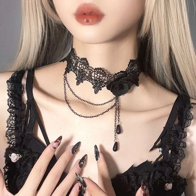 Midnight Rose - Lace Tassel Choker Necklace by The Nevermore