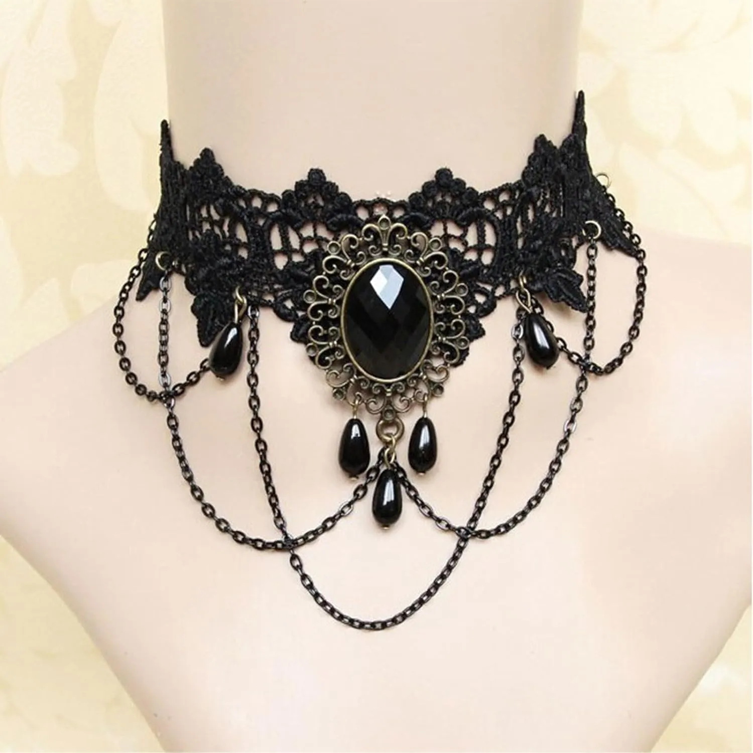 MIFYNN Gothic Black Lace Choker Necklace Vintage Black Crystal Tassel Collar Necklace Punk Vampire Chain Necklace Halloween Costume Jewelry Gifts
