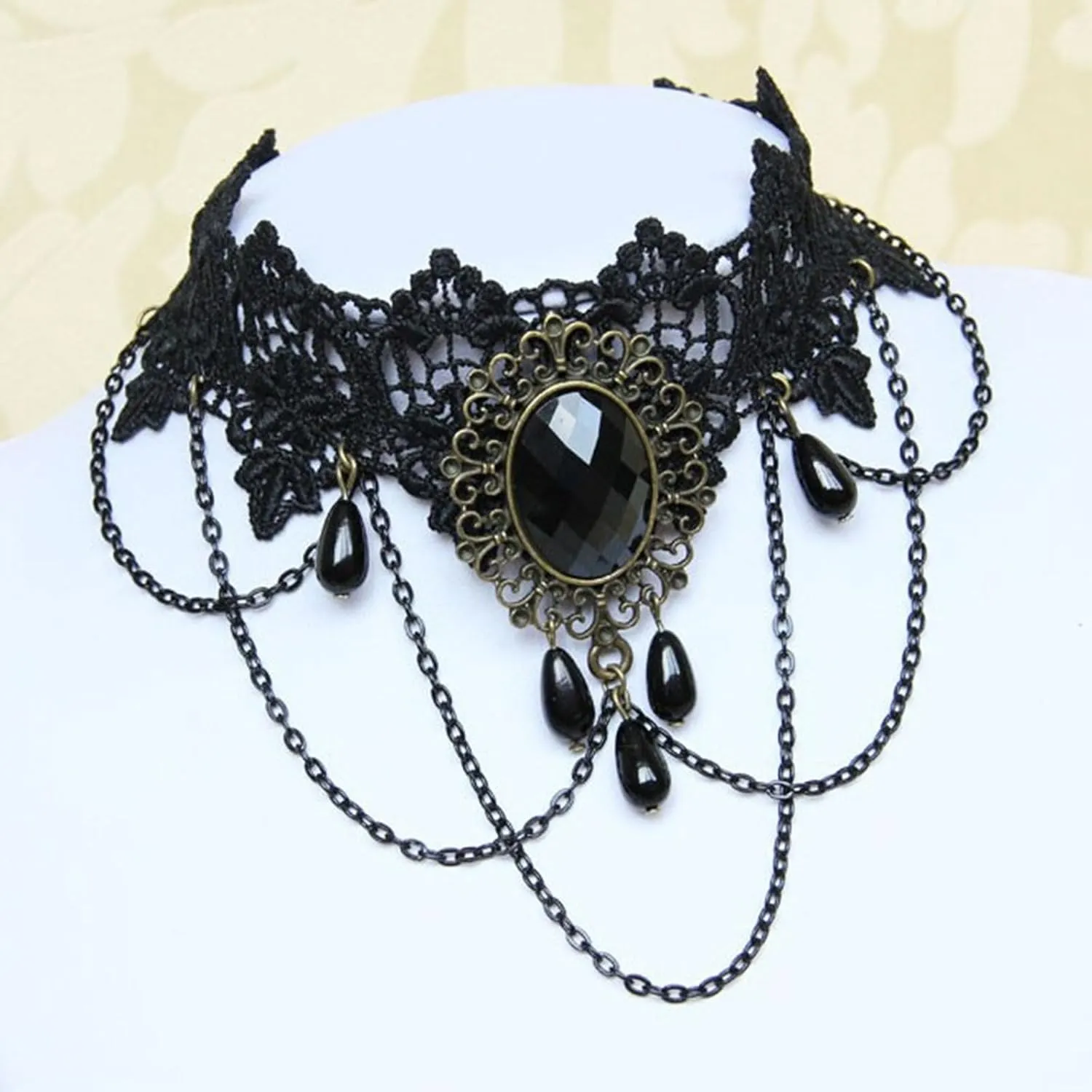 MIFYNN Gothic Black Lace Choker Necklace Vintage Black Crystal Tassel Collar Necklace Punk Vampire Chain Necklace Halloween Costume Jewelry Gifts