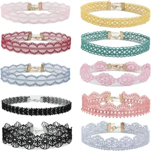 MILAKOO Lace Choker Set for Women 10Pcs Assorted Colorful Boho Necklace Tattoo Flower Ribbon Chokers