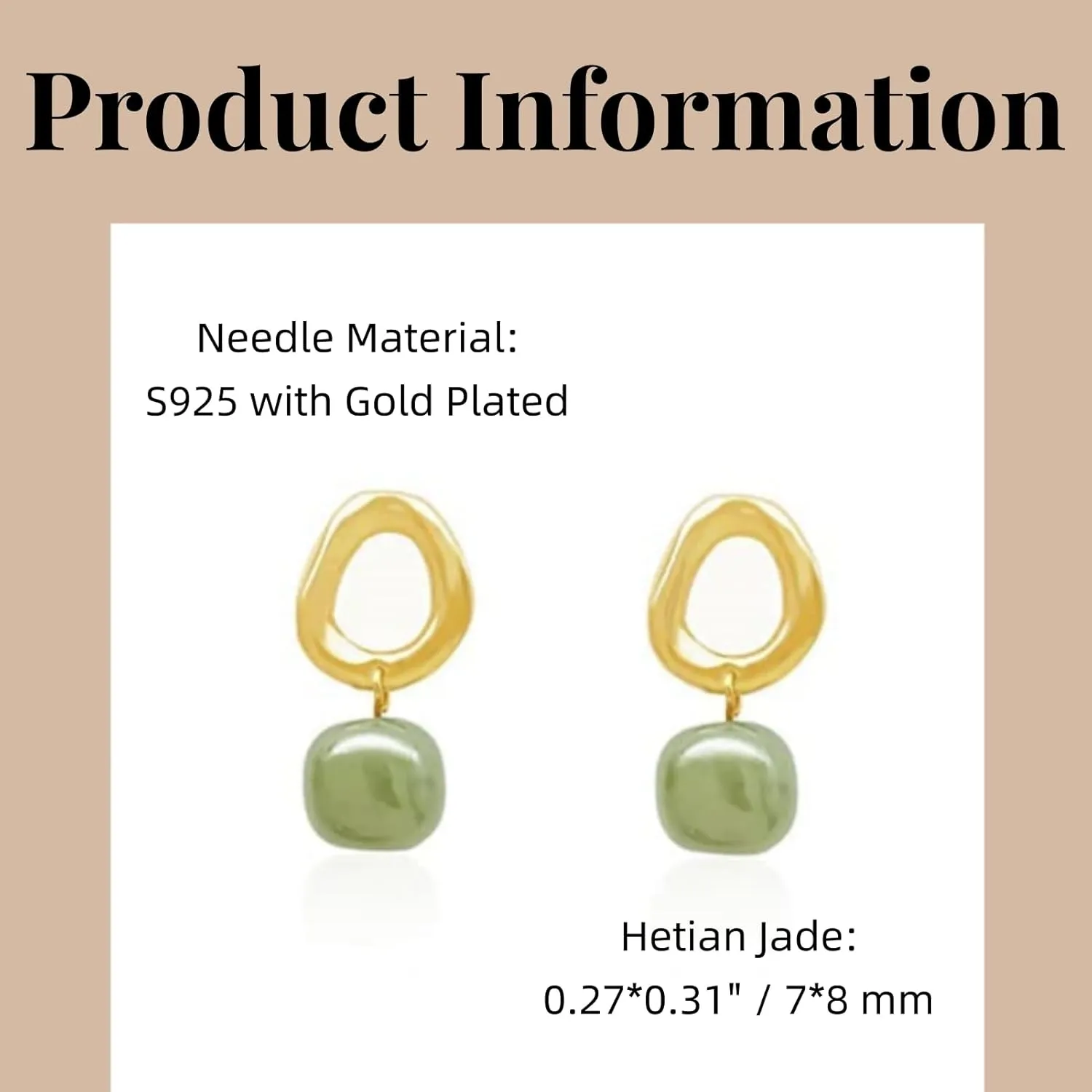 Minimalist Natural Green Hetian Jade Beaded Pendant Stud Earrings Gold Circle Drop Good Luck Ear Jewelry Studs Gift for Women Mom Lover Her (925 Sterling Silver with Gold Plated)