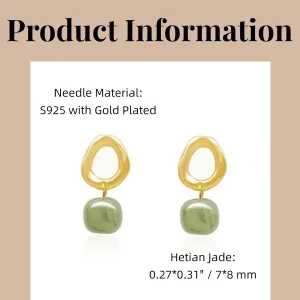 Minimalist Natural Green Hetian Jade Beaded Pendant Stud Earrings Gold Circle Drop Good Luck Ear Jewelry Studs Gift for Women Mom Lover Her (925 Sterling Silver with Gold Plated)