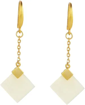 Minimalist Square White Jade Dangle Earrings Sterling Silver Long Drop Earrings, Lucky Jewelry Gifts for Her