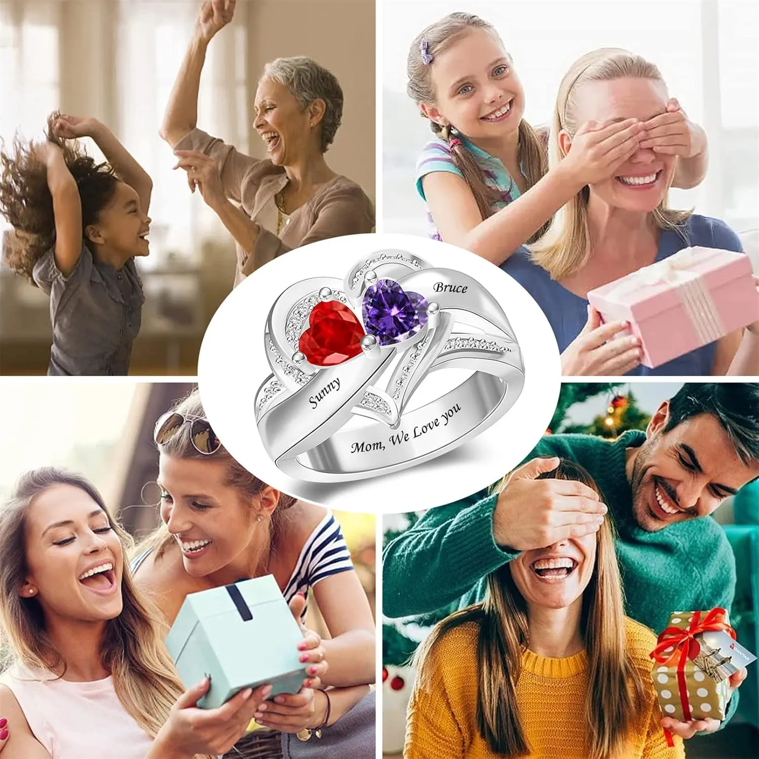 MissNaNa 925 Sterling Silver Personalized Mothers Rings with Simulated Birthstones Engraved 1-6 Family Names Mother's Day Rings Custom Family Rings for Women