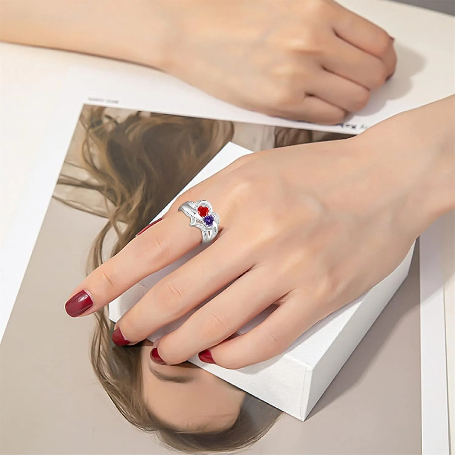MissNaNa 925 Sterling Silver Personalized Mothers Rings with Simulated Birthstones Engraved 1-6 Family Names Mother's Day Rings Custom Family Rings for Women