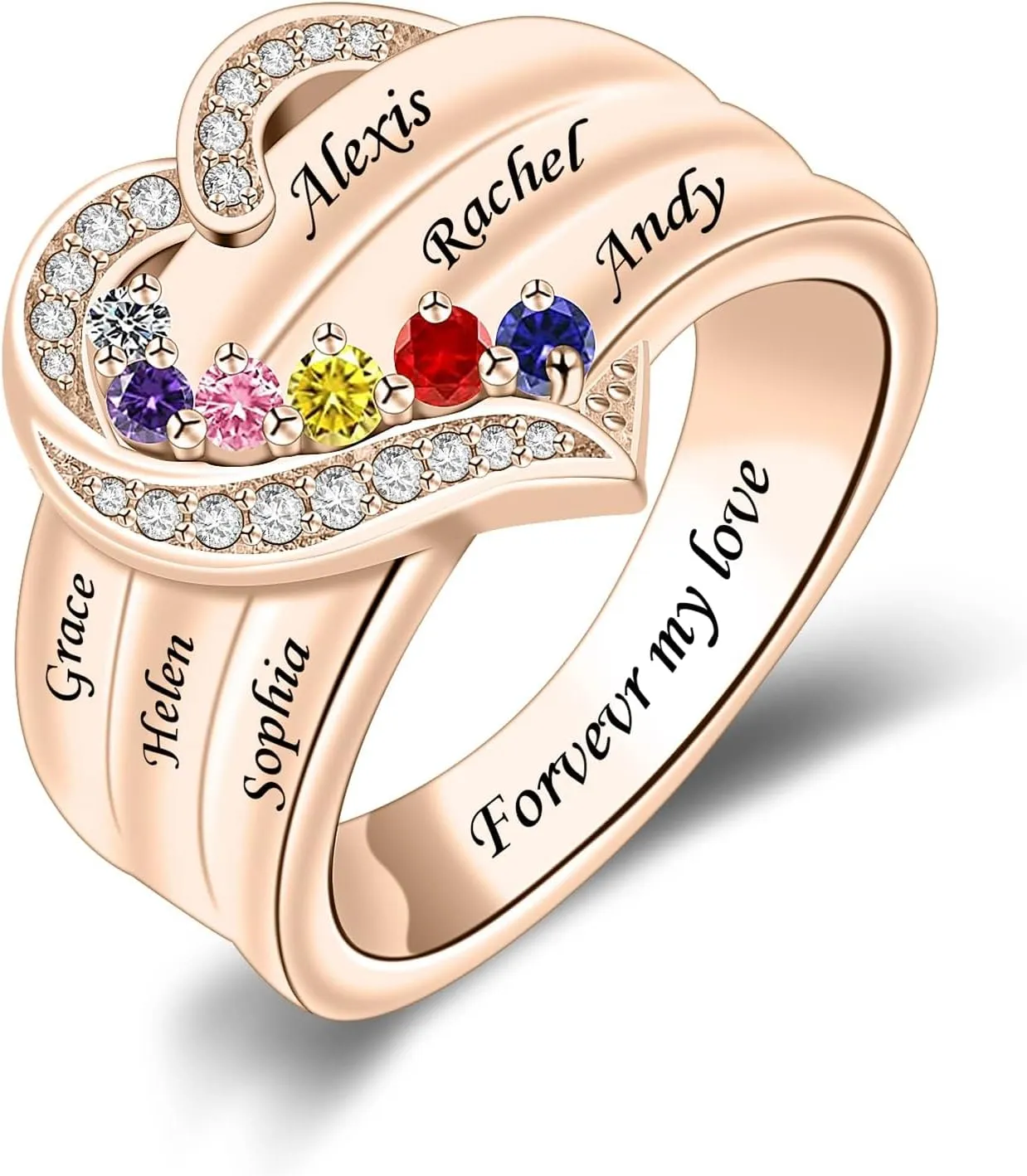 MissNaNa Her Gift Personalized Mother Rings with 1-8 Birthstones Heart Family Ring Custom Engraved Name Ring for Mom Women Grandma Wife