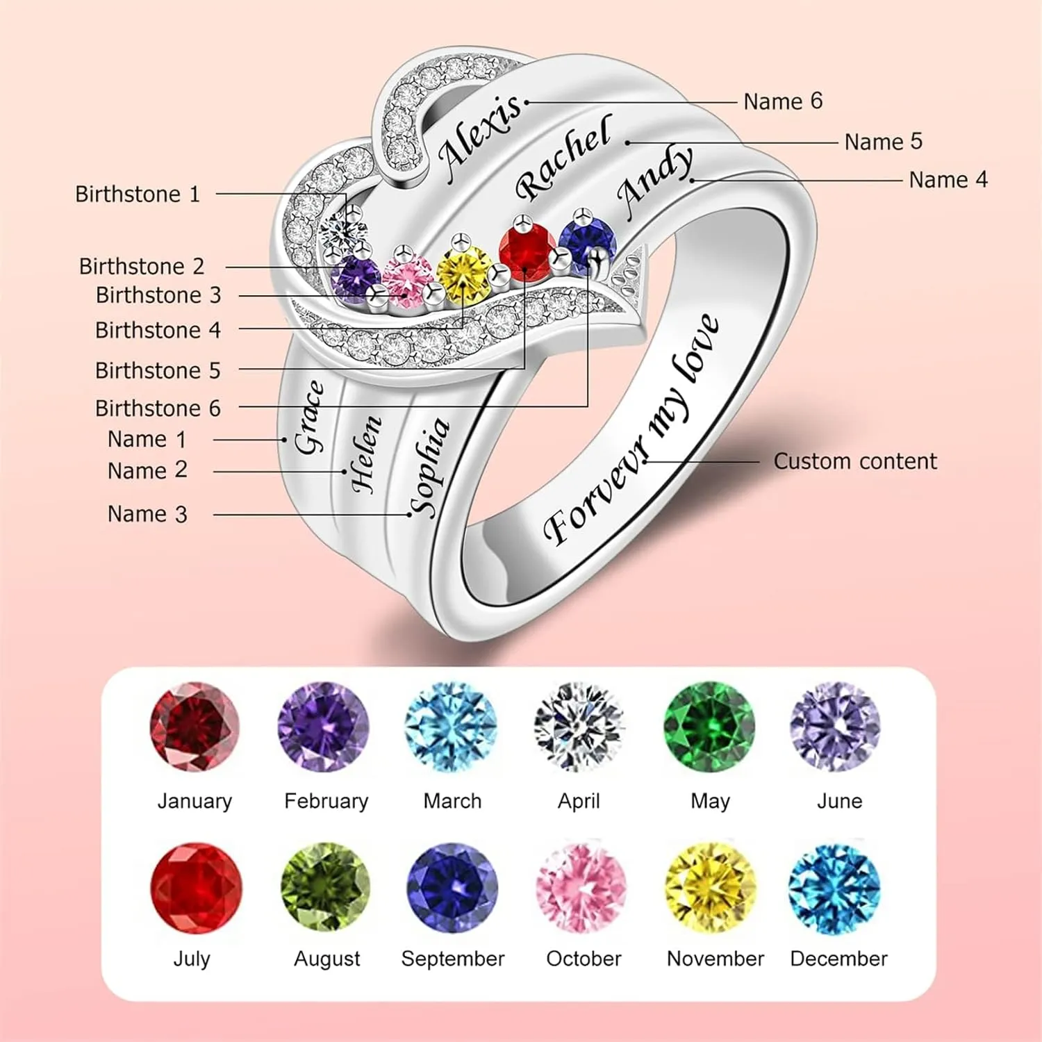 MissNaNa Her Gift Personalized Mother Rings with 1-8 Birthstones Heart Family Ring Custom Engraved Name Ring for Mom Women Grandma Wife