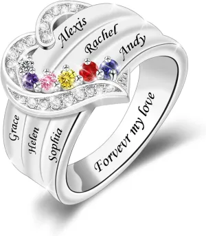 MissNaNa Her Gift Personalized Mother Rings with 1-8 Birthstones Heart Family Ring Custom Engraved Name Ring for Mom Women Grandma Wife
