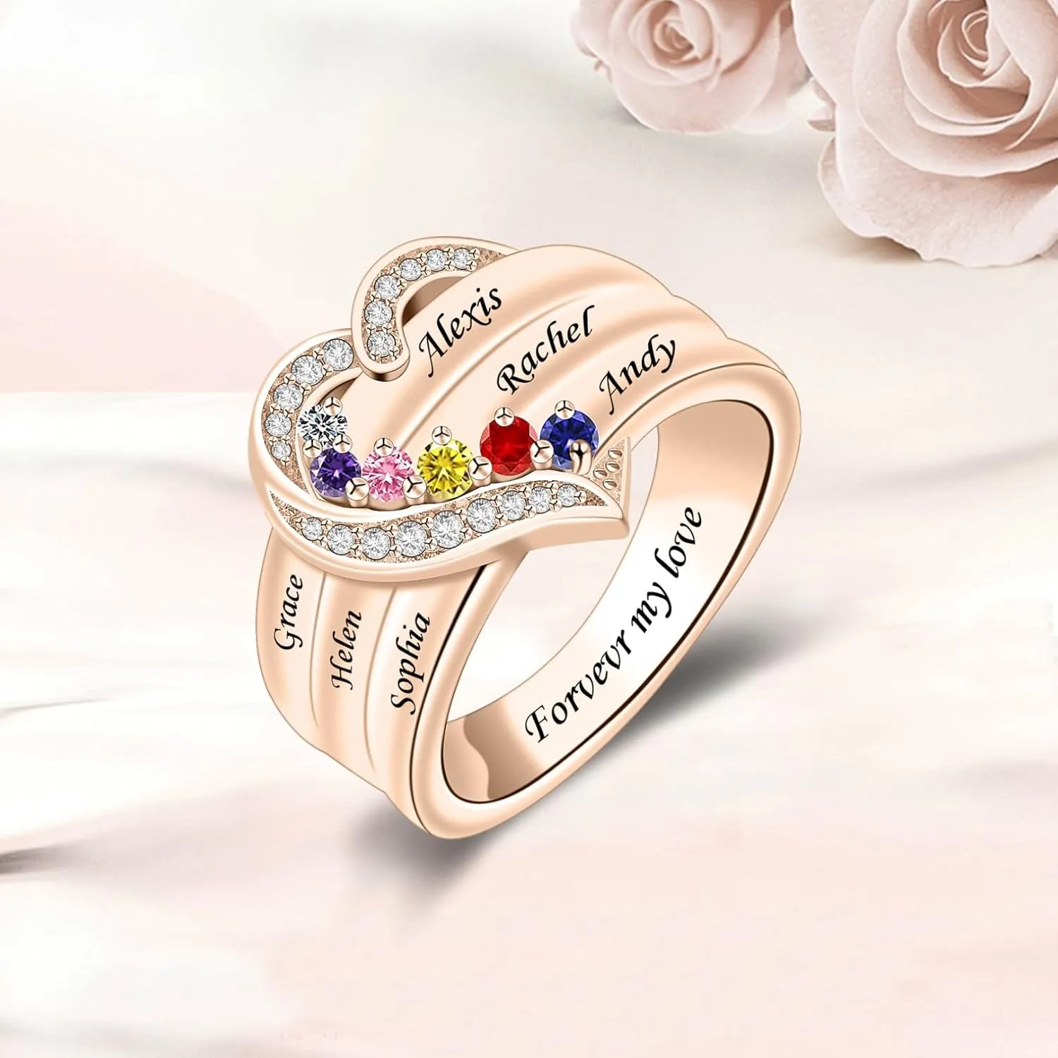 MissNaNa Her Gift Personalized Mother Rings with 1-8 Birthstones Heart Family Ring Custom Engraved Name Ring for Mom Women Grandma Wife