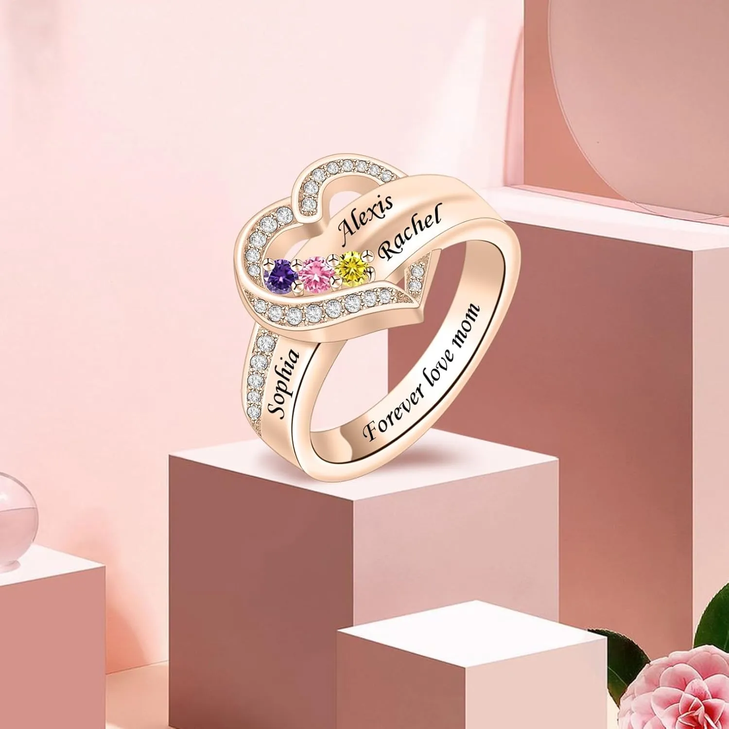 MissNaNa Her Gift Personalized Mother Rings with 1-8 Birthstones Heart Family Ring Custom Engraved Name Ring for Mom Women Grandma Wife