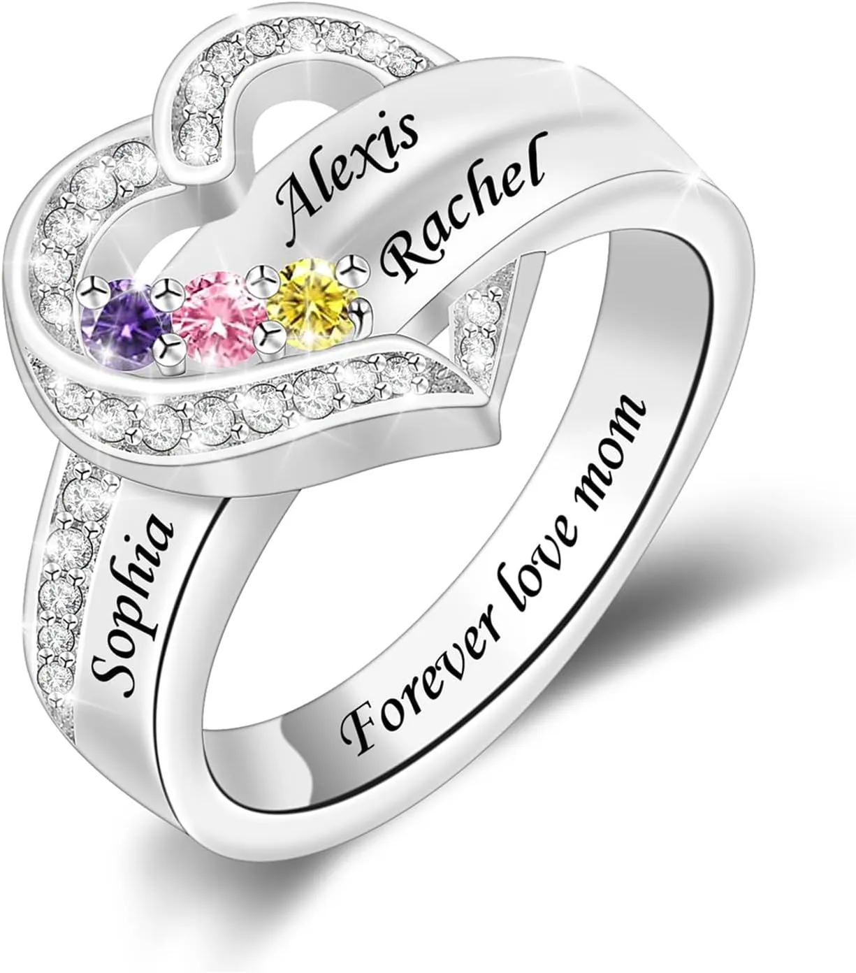 MissNaNa Her Gift Personalized Mother Rings with 1-8 Birthstones Heart Family Ring Custom Engraved Name Ring for Mom Women Grandma Wife