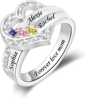 MissNaNa Her Gift Personalized Mother Rings with 1-8 Birthstones Heart Family Ring Custom Engraved Name Ring for Mom Women Grandma Wife