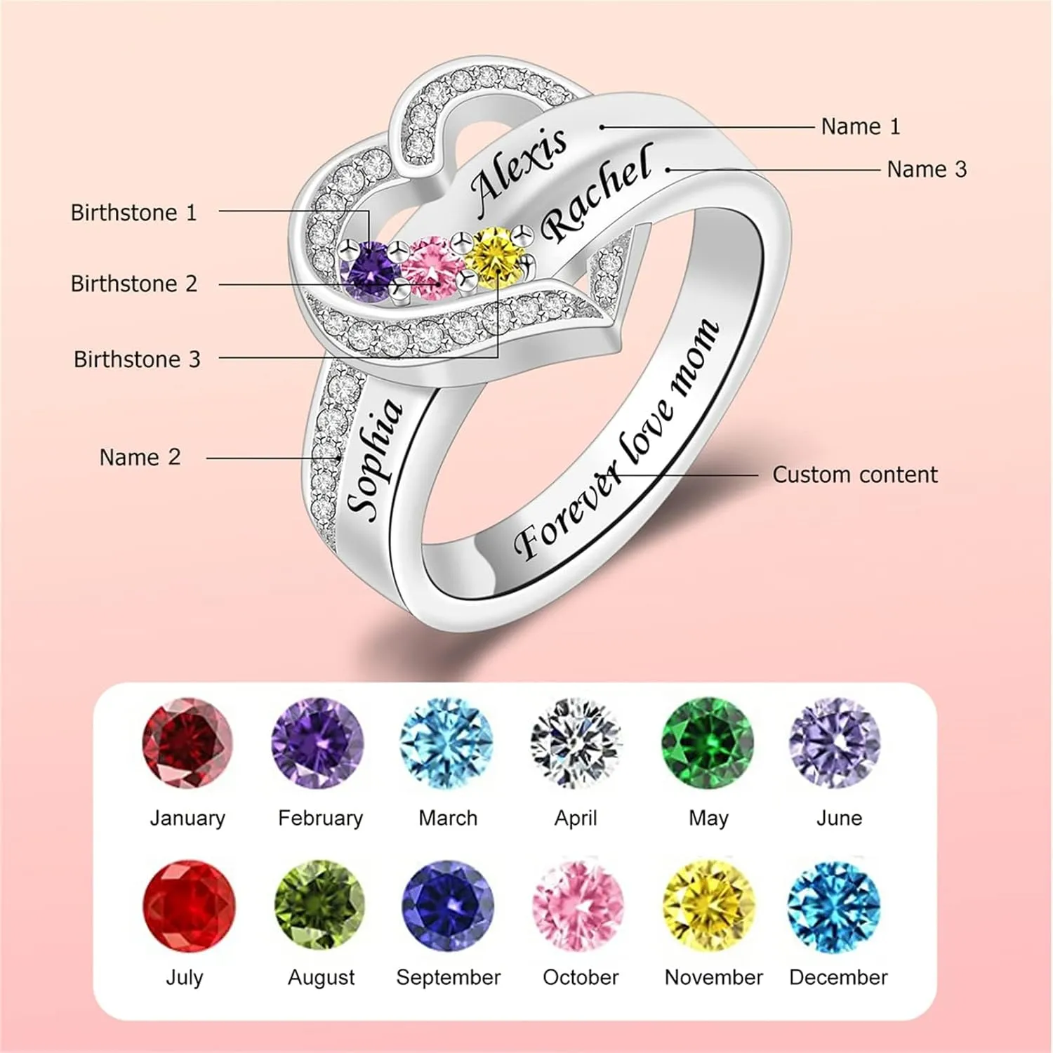 MissNaNa Her Gift Personalized Mother Rings with 1-8 Birthstones Heart Family Ring Custom Engraved Name Ring for Mom Women Grandma Wife