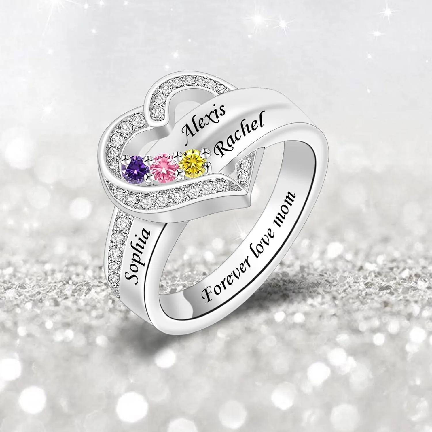 MissNaNa Her Gift Personalized Mother Rings with 1-8 Birthstones Heart Family Ring Custom Engraved Name Ring for Mom Women Grandma Wife