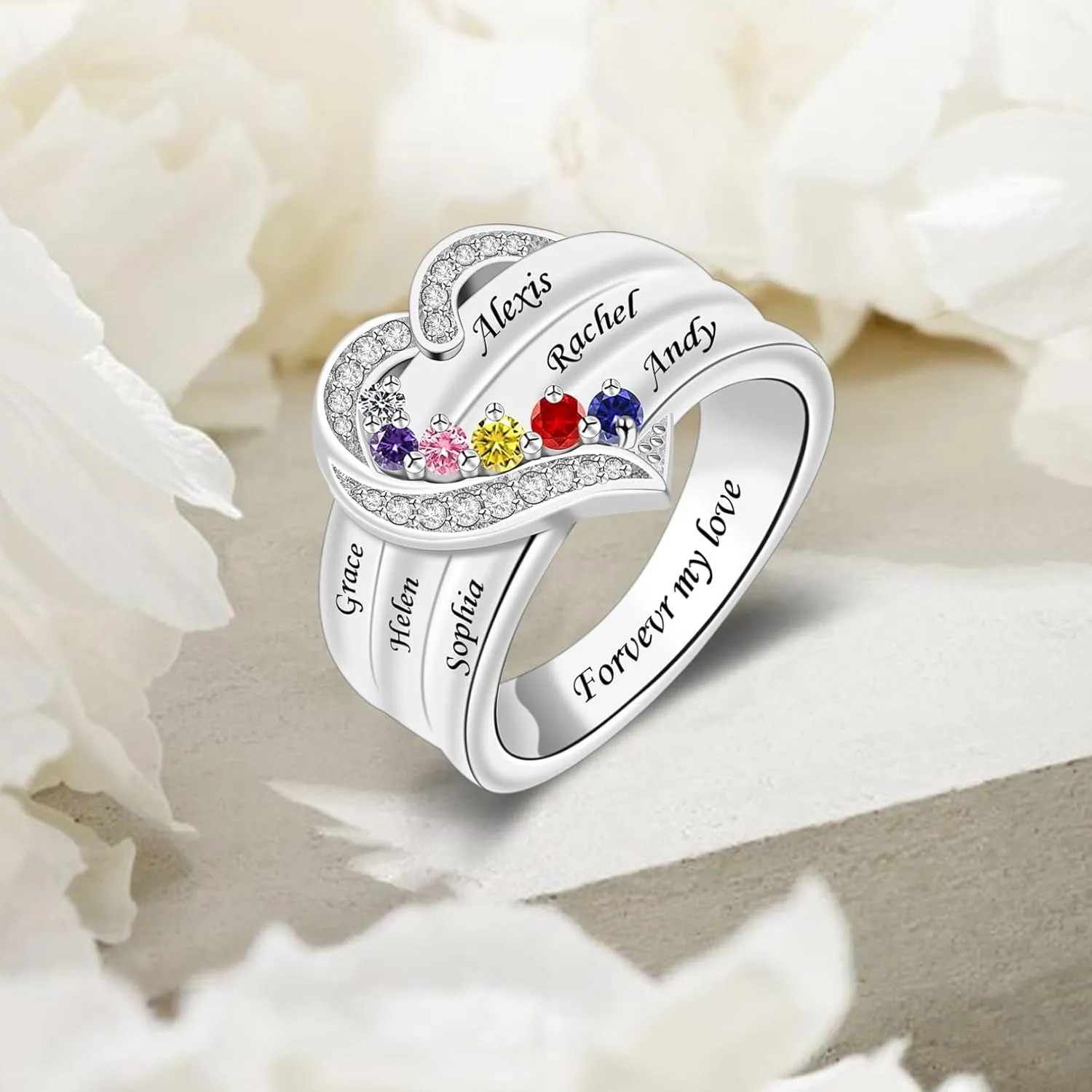 MissNaNa Her Gift Personalized Mother Rings with 1-8 Birthstones Heart Family Ring Custom Engraved Name Ring for Mom Women Grandma Wife