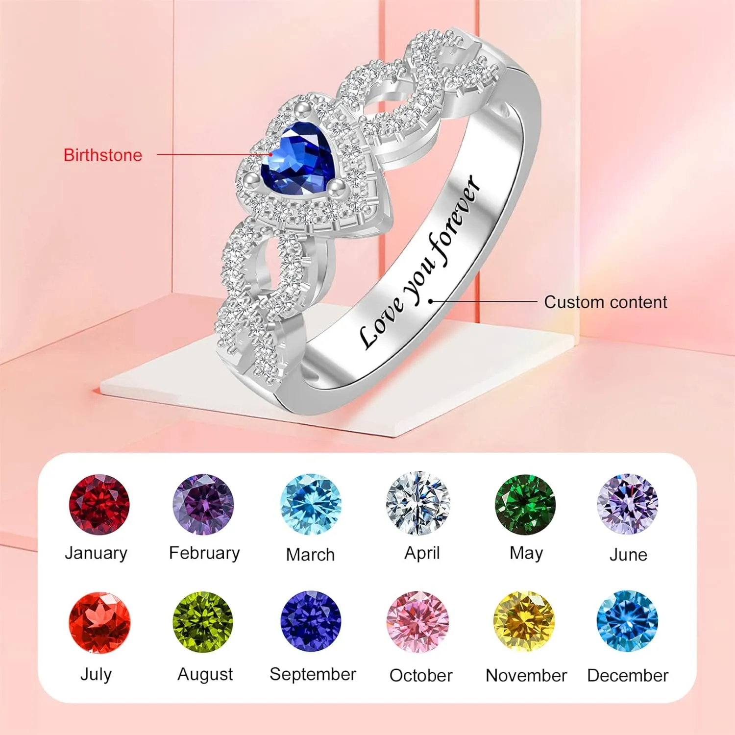 MissNaNa Personalized Birthstone Rings for Women Heart Rings Promise Rings for Her Couple Rings Personalized Gifts for Women Wife Lover Mothers Grandma Mom Daughter